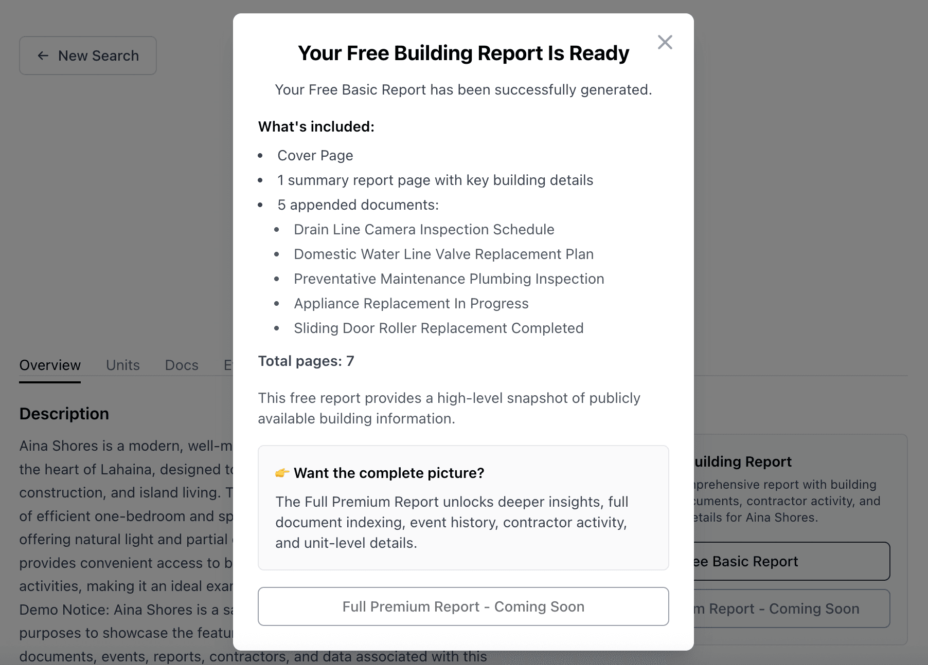 Aina Reports building dashboard — property overview, stats, and report options